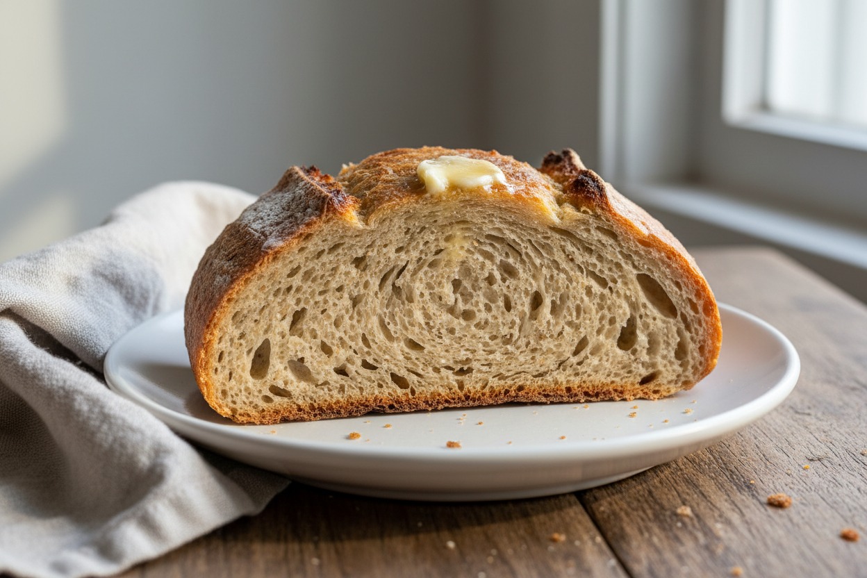A half-loaf of artisan sourdough bread with a melting pat of butter on top rests on a white plate next to a folded cloth napkin.
